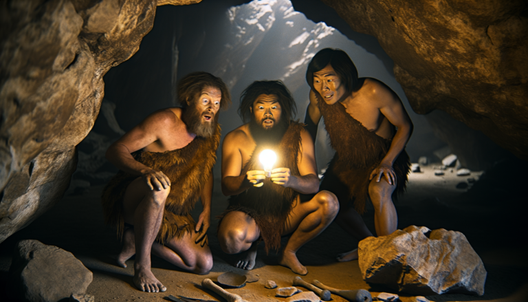 Grottmänniskor hittar en glödlampa som lyser och är förvånade över vad de hittat. Photography: Documentary. Composition: Documentary. Resolution: 1080p (1920x1080).